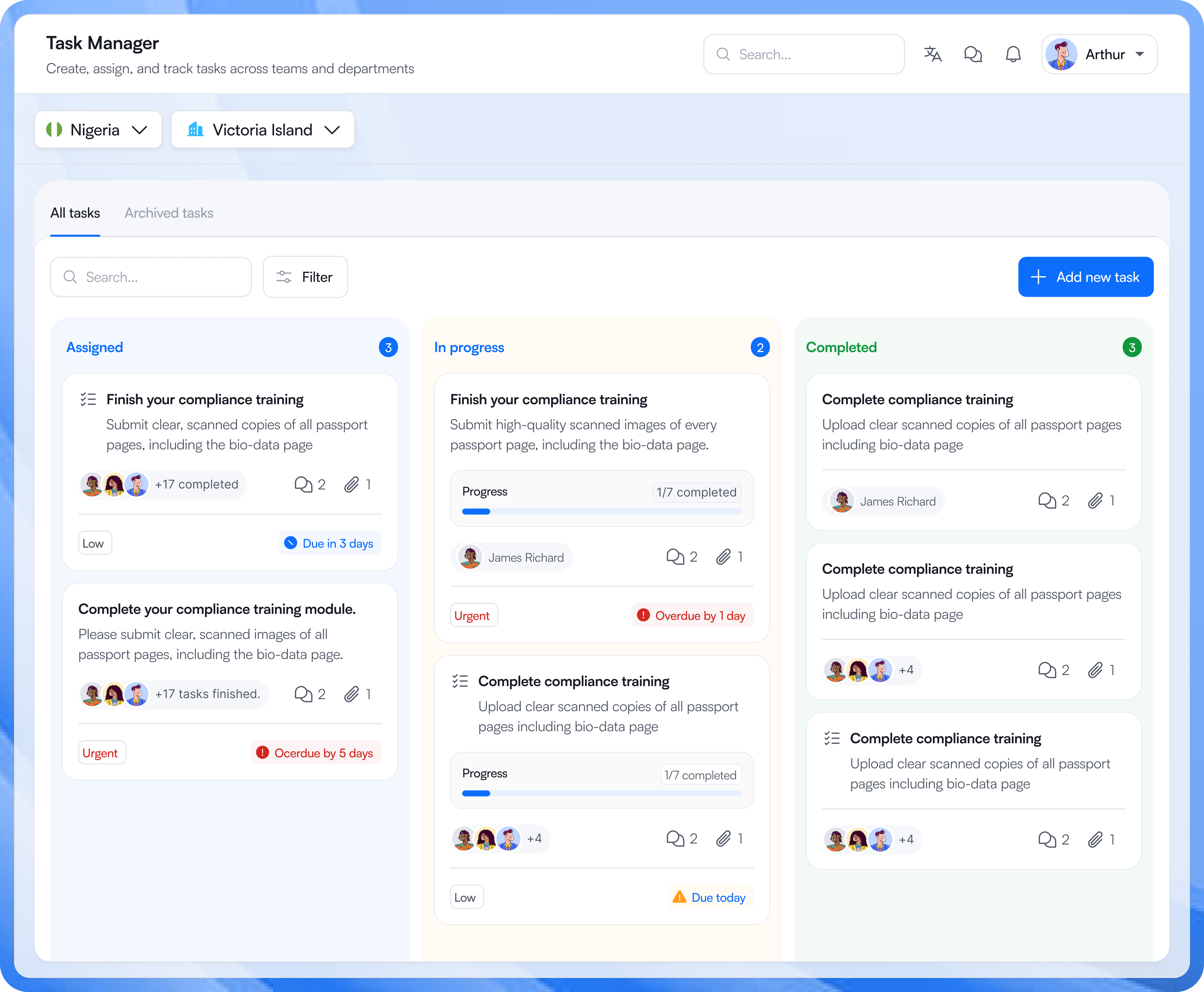 Task Manager workspace showing assigned, in-progress, and completed tasks