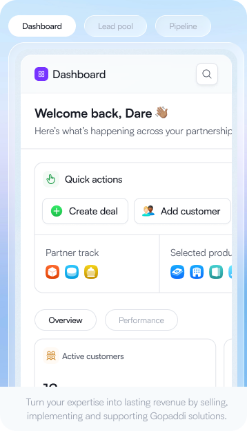 Gopaddi Partner dashboard showing customers, deals, commissions and settlements