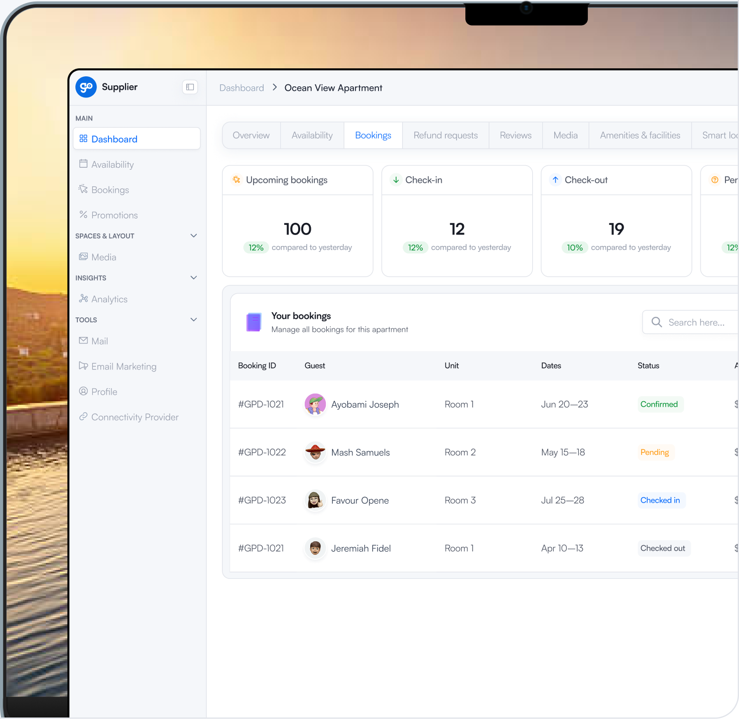 Vacation-rental operations dashboard showing bookings, check-ins, check-outs, and guest reservations